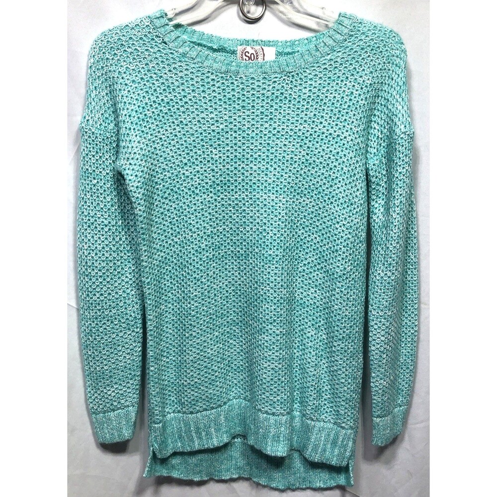 SO crochet knit sweater tunic S aqua green long sleeve hi lo Capsule